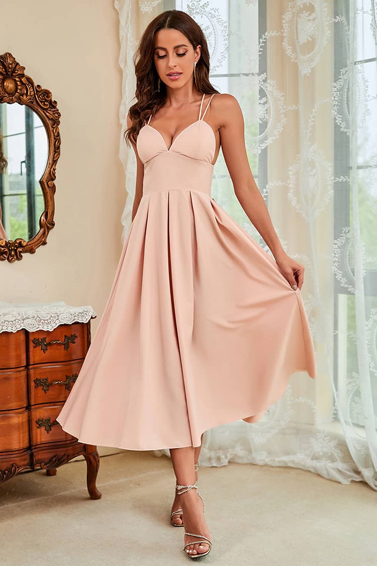 Robe longue cocktail rose poudré sale